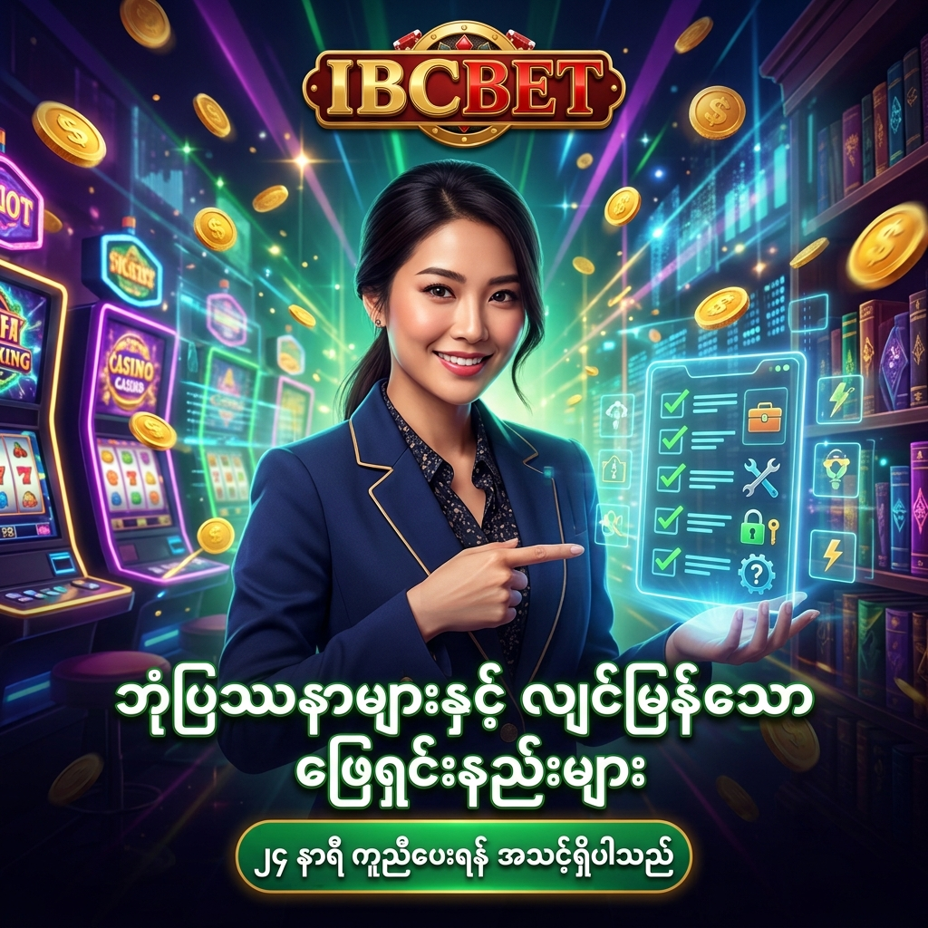 IBCBET အွန်လိုင်းကာစီနိုတွင် ကြုံတွေ့ရတတ်သော Login မဝင်ရခြင်း၊ ငွေသွင်းမပေါ်ခြင်းနှင့် ဂိမ်းပွင့်မလာခြင်း စသည့် ဘုံပြဿနာများကို လျင်မြန်စွာ ဖြေရှင်းနိုင်မည့် နည်းလမ်းများကို ဖော်ပြထားသည့် ပရိုမိုးရှင်းပုံရိပ်ဖြစ်ပြီး၊ အကူအညီပေးရန် အသင့်ရှိနေသော လှပဖော်ရွေသည့် အာရှအမျိုးသမီးတင်ဆက်သူနှင့်အတူ ဆွဲဆောင်မှုရှိသော ဖန်တစီကာစီနိုနောက်ခံဖြင့် သရုပ်ဖော်ထားသည်။