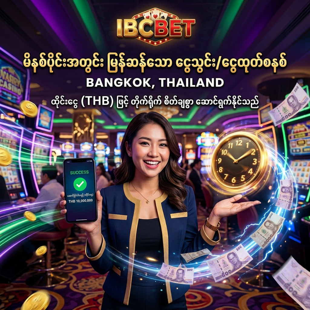 မြန်မာကျပ်ငွေ (MMK) ဖြင့် တိုက်ရိုက် ငွေသွင်း/ငွေထုတ်နိုင်ပြီး၊ မိနစ်ပိုင်းအတွင်း အမြန်ဆုံးနှင့် စိတ်အချရဆုံး ဝန်ဆောင်မှုပေးနေသည့် IBCBET ၏ ငွေကြေးစနစ်ကို ဖော်ပြထားသည့် ပရိုမိုးရှင်းပုံရိပ်ဖြစ်ပြီး၊ ဖုန်းကိုင်ဆောင်ကာ အောင်မြင်သော ငွေလွှဲမှုကို ပြသနေသည့် အာရှအမျိုးသမီးတင်ဆက်သူနှင့်အတူ ဆွဲဆောင်မှုရှိသော ဖန်တစီကာစီနိုနောက်ခံဖြင့် သရုပ်ဖော်ထားသည်။