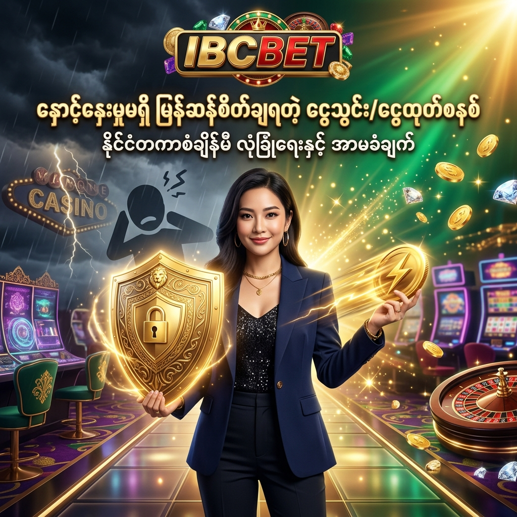 ငွေထုတ်နှောင့်နှေးခြင်းနှင့် ငွေဆုံးရှုံးခြင်း ပြဿနာများကို IBCbet ၏ နိုင်ငံတကာစံချိန်မီ လုံခြုံရေးစနစ်၊ လျှင်မြန်သော ငွေသွင်း/ငွေထုတ်စနစ်၊ နှင့် စိတ်ချရသော ပရိုမိုးရှင်းများဖြင့် အကောင်းဆုံး ဖြေရှင်းပေးပုံကို ဖော်ပြထားသည့် ပရိုမိုးရှင်းပုံရိပ်ဖြစ်ပြီး၊ ယုံကြည်မှုအပြည့်ရှိသော အာရှအမျိုးသမီးတင်ဆက်သူနှင့်အတူ ဆွဲဆောင်မှုရှိသော ဖန်တစီကာစီနိုနောက်ခံဖြင့် သရုပ်ဖော်ထားသည်။