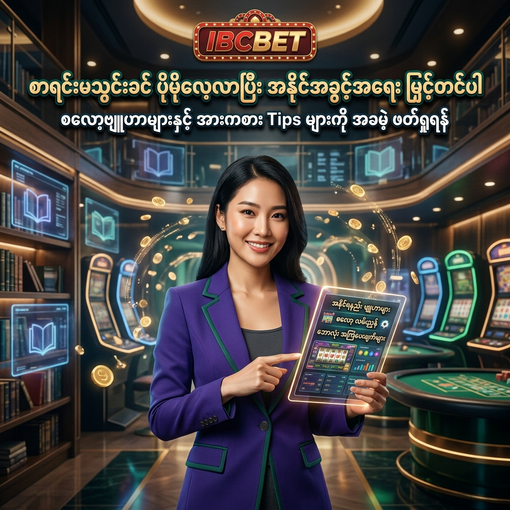 ကစားသမားသစ်များနှင့် ဝါရင့်ကစားသမားများအတွက် စလော့အနိုင်ရနည်းဗျူဟာများ၊ အားကစားလောင်းကစား Tips များနှင့် ကစားနည်းလမ်းညွှန်များကို အခမဲ့ဖတ်ရှုနိုင်သည့် IBCBET ၏ ဘလော့ဂ်ကဏ္ဍကို ဖော်ပြထားသည့် ပရိုမိုးရှင်းပုံရိပ်ဖြစ်ပြီး၊ ဒစ်ဂျစ်တယ်တက်ဘလက်ကိုင်ဆောင်ကာ ဖော်ရွေစွာပြုံးပြနေသော လှပသည့် အာရှအမျိုးသမီးတင်ဆက်သူနှင့်အတူ ဆွဲဆောင်မှုရှိသော ဖန်တစီကာစီနိုနောက်ခံဖြင့် သရုပ်ဖော်ထားသည်။