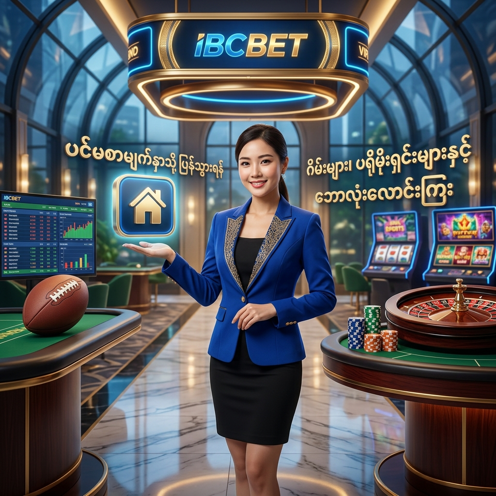 IBCBET ၏ နောက်ဆုံးပေါ်ဂိမ်းများ၊ ပရိုမိုးရှင်းများနှင့် ဘောလုံးလောင်းကြေး အချက်အလက်အပြည့်အစုံကို ကြည့်ရှုရန် ပင်မစာမျက်နှာသို့ ပြန်လည်ညွှန်းဆိုထားသည့် လက်တွေ့ဆန်သော ကာစီနိုစတူဒီယိုနောက်ခံနှင့် လှပသော အာရှသူတင်ဆက်သူပုံရိပ်။


