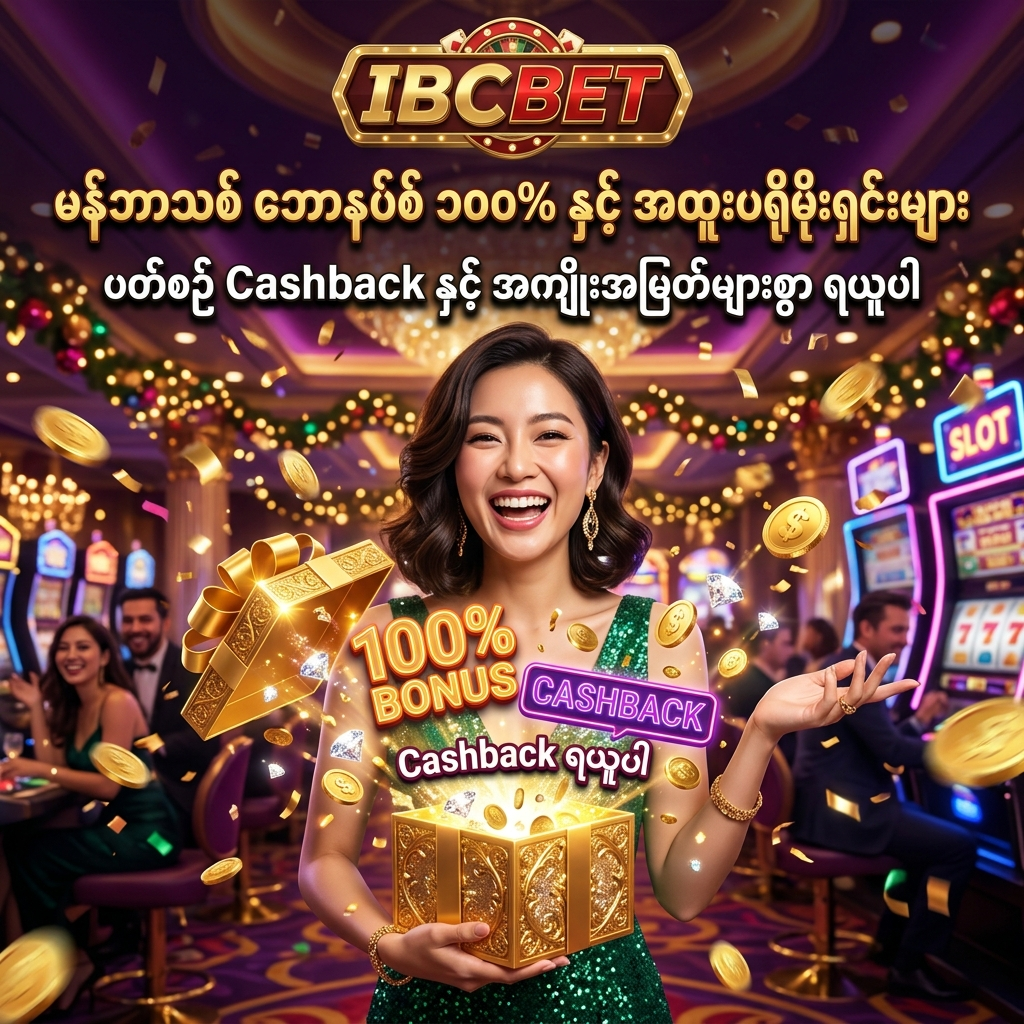 IBCBET တွင် ရရှိနိုင်သော မန်ဘာသစ်ပထမအပ်ငွေ ၁၀၀% ဘောနပ်စ်၊ ပတ်စဉ် Cashback နှင့် အခြားထူးခြားသော ပရိုမိုးရှင်းအကျိုးအမြတ်များကို ဖော်ပြထားသည့် ပရိုမိုးရှင်းပုံရိပ်ဖြစ်ပြီး၊ ရွှေလက်ဆောင်ဗူးကိုင်ဆောင်ကာ ပျော်ရွှင်စွာပြုံးပြနေသော လှပသည့် အာရှအမျိုးသမီးတင်ဆက်သူနှင့်အတူ ဆွဲဆောင်မှုရှိသော ဖန်တစီကာစီနိုနောက်ခံဖြင့် သရုပ်ဖော်ထားသည်။