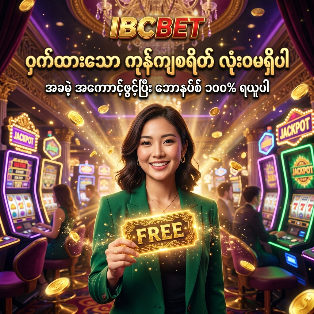 IBCBET အွန်လိုင်းကာစီနိုတွင် ဝှက်ထားသော ကုန်ကျစရိတ်နှင့် ဝန်ဆောင်ခများ လုံးဝမရှိဘဲ အခမဲ့ အကောင့်ဖွင့်နိုင်ပုံ၊ အခမဲ့ စလော့စမ်းသပ်ကစားနိုင်ပုံနှင့် မန်ဘာသစ် ဘောနပ်စ် ၁၀၀% ရရှိနိုင်ပုံတို့ကို ဖော်ပြထားသည့် ပရိုမိုးရှင်းပုံရိပ်ဖြစ်ပြီး၊ လှပသော အာရှအမျိုးသမီး တင်ဆက်သူနှင့်အတူ ဆွဲဆောင်မှုရှိသော ဖန်တစီကာစီနို နောက်ခံဖြင့် သရုပ်ဖော်ထားသည်။