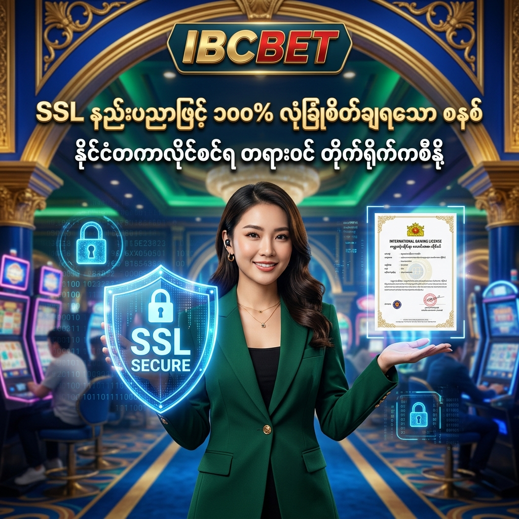 SSL encryption နည်းပညာဖြင့် ကစားသမားများ၏ အချက်အလက်နှင့် ငွေကြေးလွှဲပြောင်းမှုများကို အပြည့်အဝ ကာကွယ်ပေးထားပြီး၊ နိုင်ငံတကာလိုင်စင်ဖြင့် တရားဝင်လည်ပတ်နေသော IBCBET ၏ လုံခြုံစိတ်ချရသောစနစ်ကို ဖော်ပြထားသည့် ပရိုမိုးရှင်းပုံရိပ်ဖြစ်ပြီး၊ လုံခြုံရေးဒစ်ဂျစ်တယ်ဒိုင်းကိုင်ဆောင်ထားသော အာရှအမျိုးသမီးတင်ဆက်သူနှင့်အတူ ဆွဲဆောင်မှုရှိသော ဖန်တစီကာစီနိုနောက်ခံဖြင့် သရုပ်ဖော်ထားသည်။