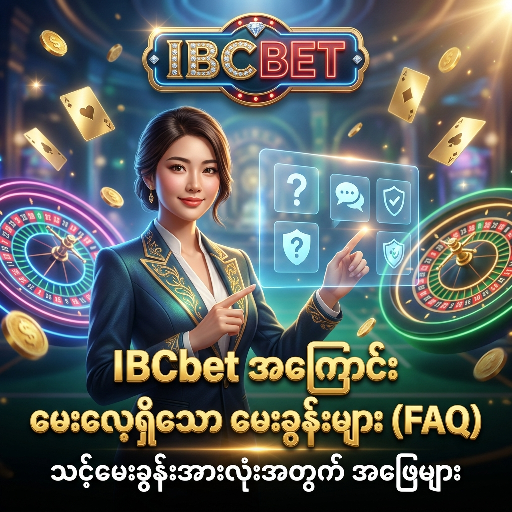 IBCBET အွန်လိုင်း ကာစီနို ၏ မေးလေ့ရှိသော မေးခွန်းများ (FAQ) စာမျက်နှာ အတွက် ဖန်တီးထားသော ဆွဲဆောင်မှုရှိသည့် စတုရန်းပုံစံ ပုံရိပ် ဖြစ်သည်။ ပုံထဲတွင် ဖော်ရွေ ပျူငှာသော အာရှ အမျိုးသမီး တင်ဆက်သူ က ဟိုလိုဂရမ် မေးခွန်းသင်္ကေတများ နှင့်အတူ ရှိနေပြီး "IBCbet အကြောင်း မေးလေ့ရှိသော မေးခွန်းများ (FAQ) – သင့်မေးခွန်းအားလုံးအတွက် အဖြေများ" ဟူသော မြန်မာစာသား ခေါင်းစဉ်ကို တောက်ပသော ရွှေရောင် ဖောင့်များဖြင့် ရှင်းလင်းစွာ ရေးသားဖော်ပြထားကာ ယုံကြည်စိတ်ချရမှုကို ပေးစွမ်းသည်။