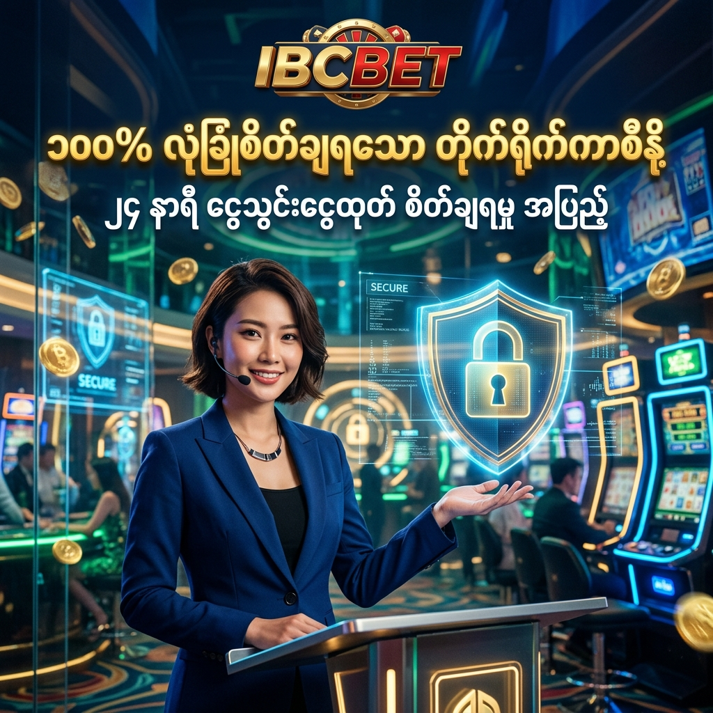 IBCBET တိုက်ရိုက်အွန်လိုင်းကာစီနို၏ ၁၀၀% လုံခြုံစိတ်ချရမှုနှင့် ယုံကြည်စိတ်ချရမှုကို ဖော်ပြထားသည့် ပရိုမိုးရှင်းပုံရိပ်ဖြစ်ပြီး၊ လှပကျော့ရှင်းသော အာရှအမျိုးသမီးတင်ဆက်သူနှင့်အတူ SSL နည်းပညာဖြင့် ကာကွယ်ထားသော လုံခြုံရေးစနစ်၊ ၂၄ နာရီ ငွေသွင်းငွေထုတ် စိတ်ချရမှုတို့ကို ဆွဲဆောင်မှုရှိသော ဖန်တစီကာစီနိုနောက်ခံဖြင့် သရုပ်ဖော်ထားသည်။